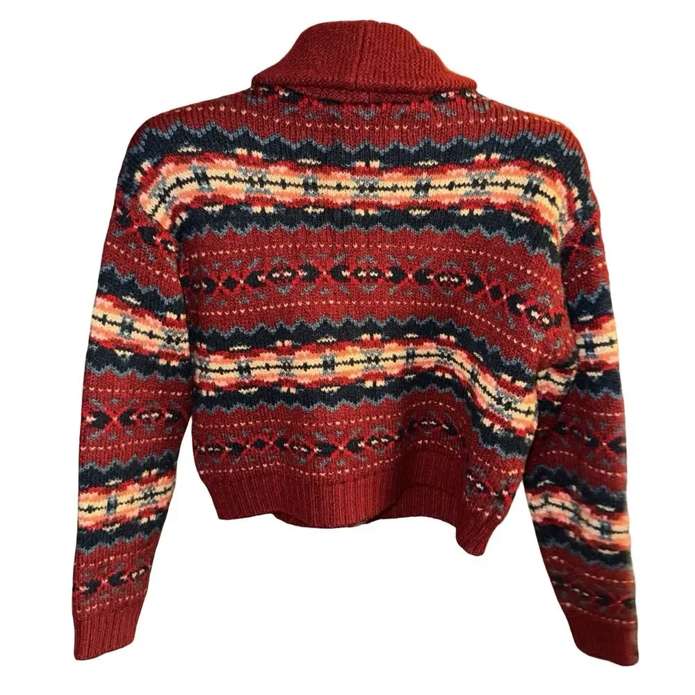 American Eagle‎ Super Soft Red Fair Isle Full Zip Up Cardigan Sweater Size Med